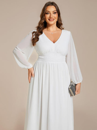 pretty AMARA|Plus Size Flowy Long Sleeves V-Neck Midi Chiffon Wedding Guest Dress