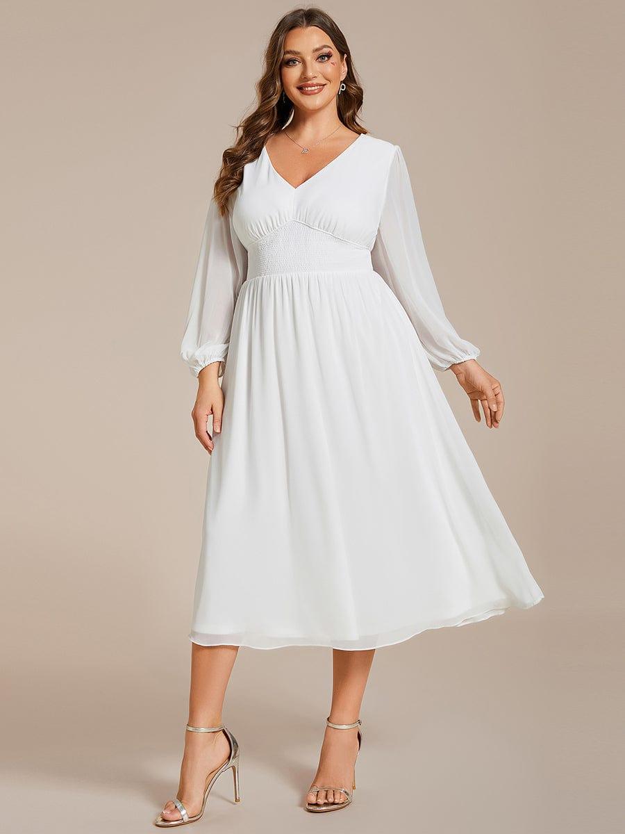 pretty AMARA|Plus Size Flowy Long Sleeves V-Neck Midi Chiffon Wedding Guest Dress