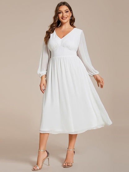 pretty AMARA|Plus Size Flowy Long Sleeves V-Neck Midi Chiffon Wedding Guest Dress