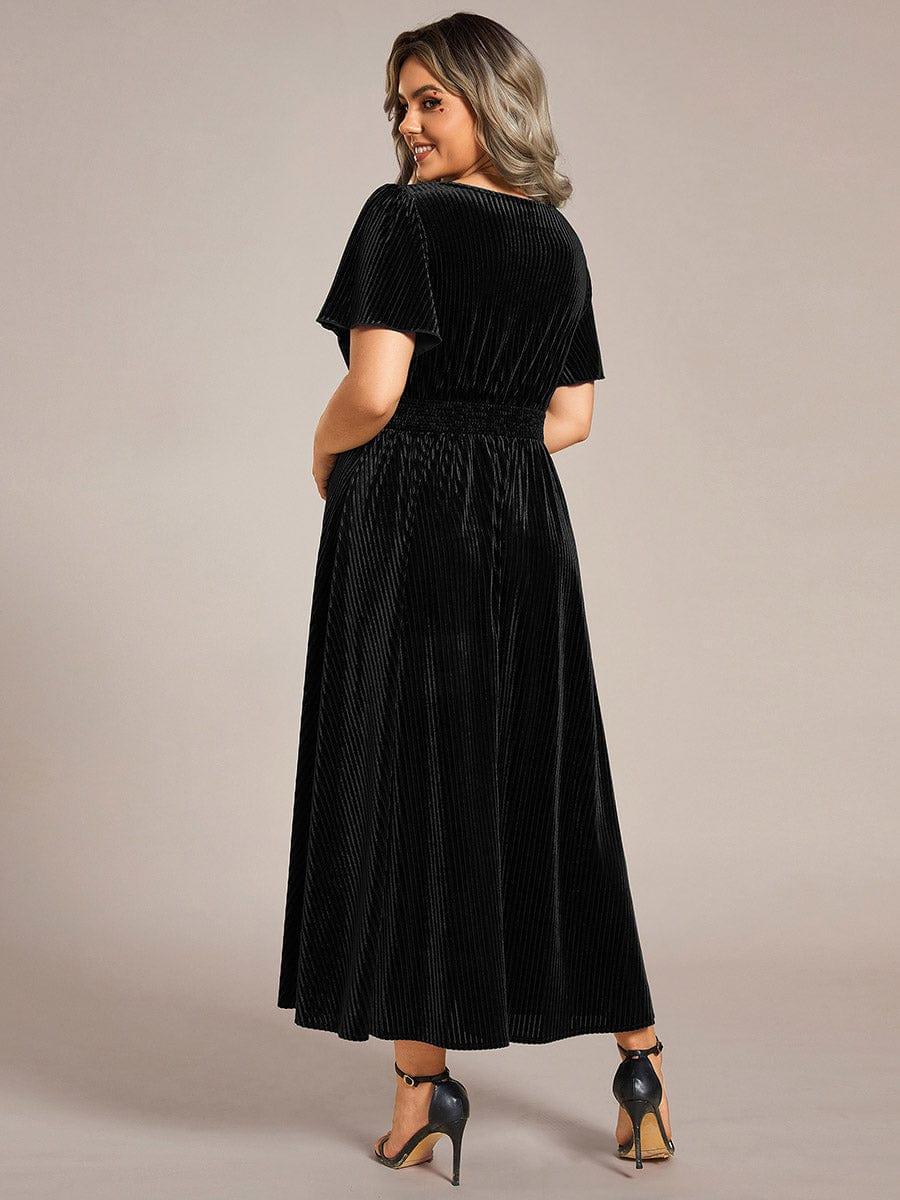 ever AZALEA|Graceful V-Neck Waist Design Short Sleeves Fall Velvet Midi Wedding Guest Dress