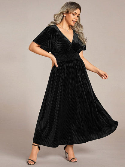 pretty AZALEA|Plus Size A-line V-Neck Short Sleeve Pleated Velvet Fall Wedding Guest Dress