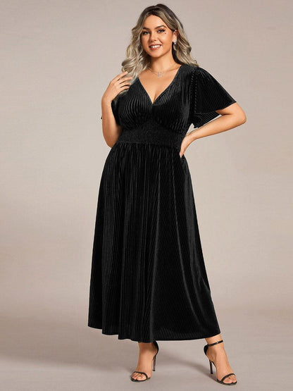 ever AZALEA|Graceful V-Neck Waist Design Short Sleeves Fall Velvet Midi Wedding Guest Dress