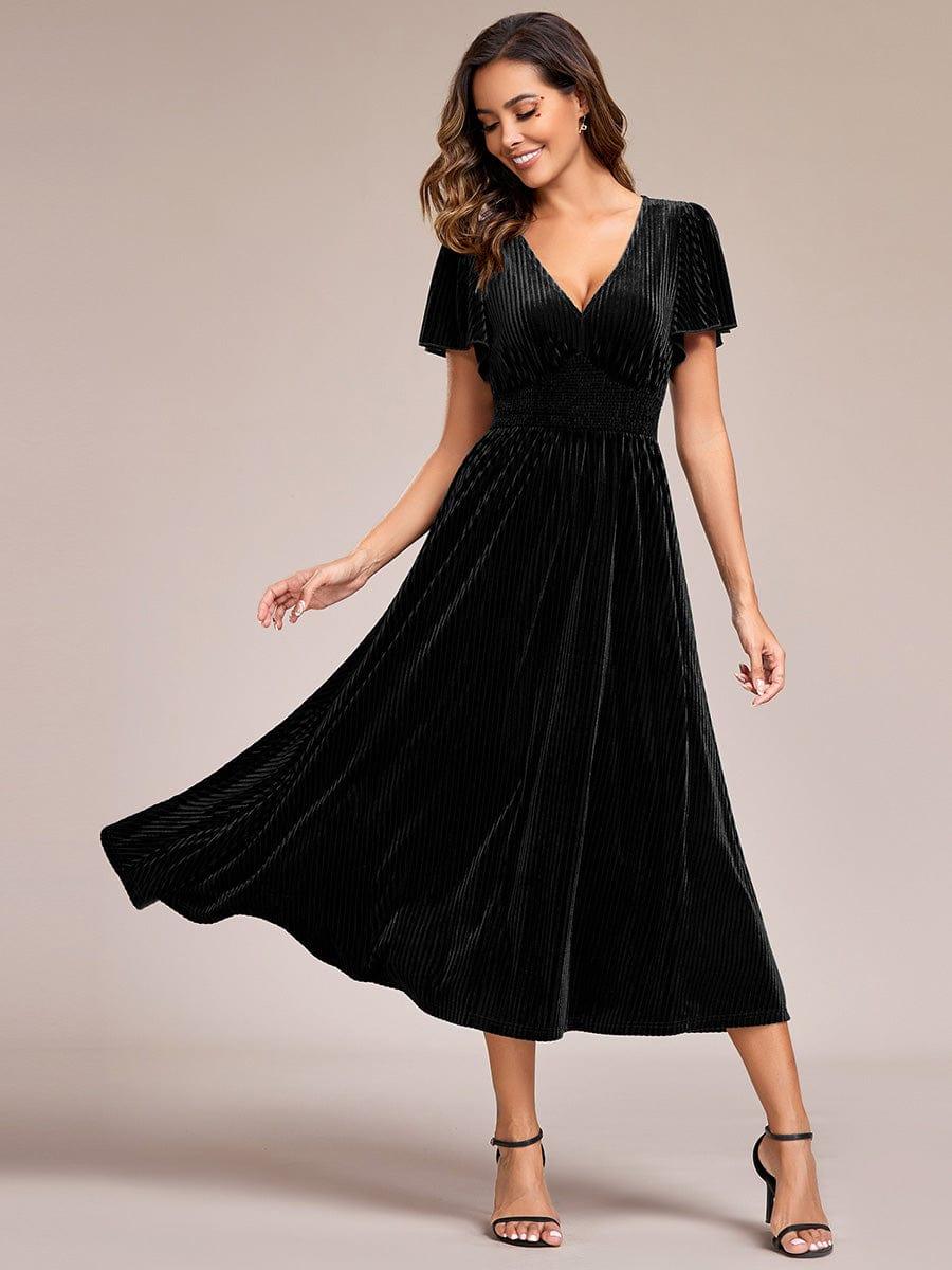 ever AZALEA|Graceful V-Neck Waist Design Short Sleeves Fall Velvet Midi Wedding Guest Dress
