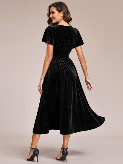ever AZALEA|Graceful V-Neck Waist Design Short Sleeves Fall Velvet Midi Wedding Guest Dress