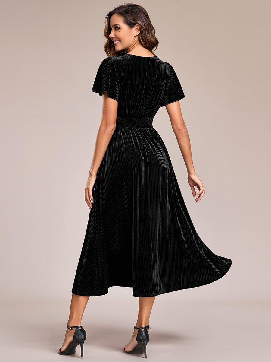 ever AZALEA|Graceful V-Neck Waist Design Short Sleeves Fall Velvet Midi Bridesmaid Dress