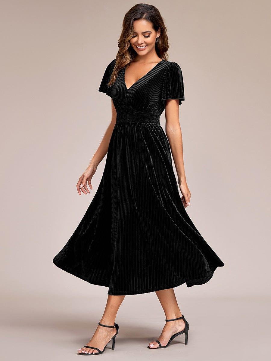 ever AZALEA|Graceful V-Neck Waist Design Short Sleeves Fall Velvet Midi Wedding Guest Dress