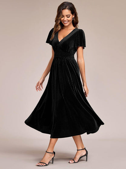 ever AZALEA|Graceful V-Neck Waist Design Short Sleeves Fall Velvet Midi Bridesmaid Dress