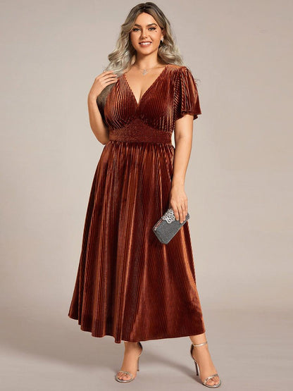 pretty AZALEA|Plus Size A-line V-Neck Short Sleeve Pleated Velvet Fall Wedding Guest Dress