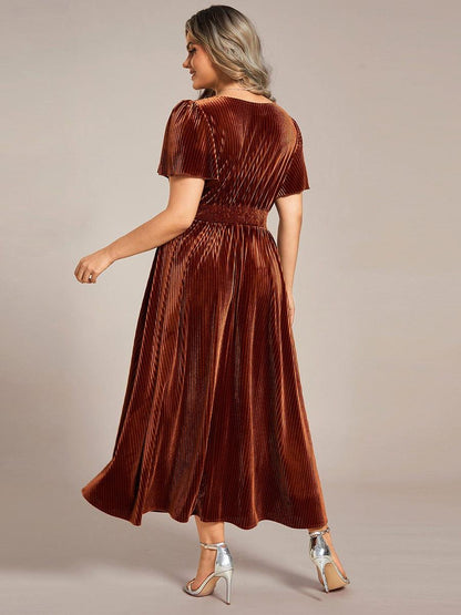 ever AZALEA|Graceful V-Neck Waist Design Short Sleeves Fall Velvet Midi Wedding Guest Dress