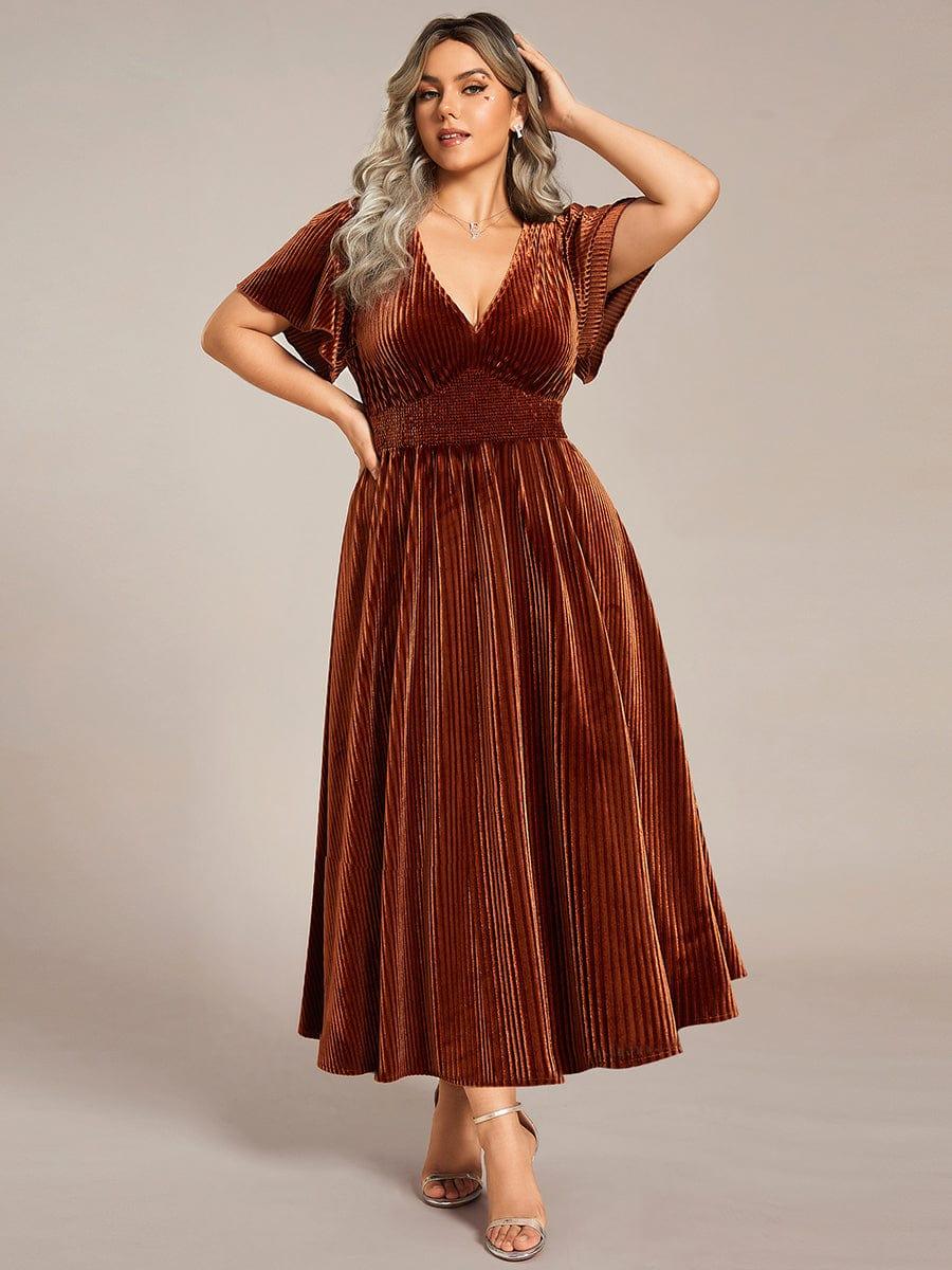 pretty AZALEA|Plus Size A-line V-Neck Short Sleeve Pleated Velvet Fall Wedding Guest Dress