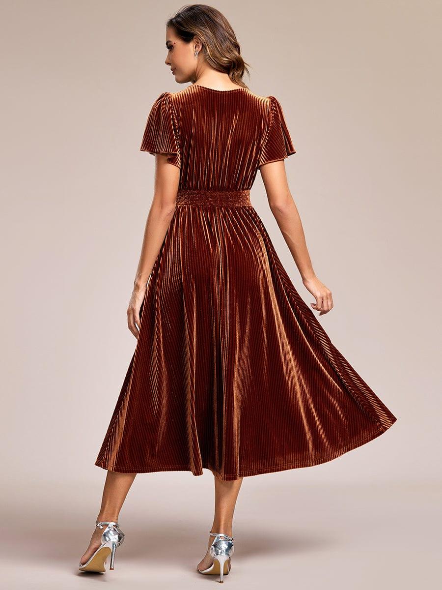 ever AZALEA|Graceful V-Neck Waist Design Short Sleeves Fall Velvet Midi Bridesmaid Dress