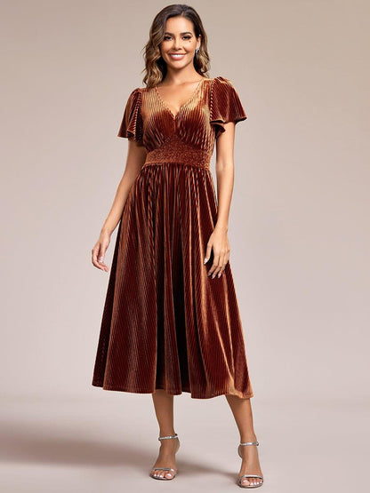 ever AZALEA|Graceful V-Neck Waist Design Short Sleeves Fall Velvet Midi Bridesmaid Dress