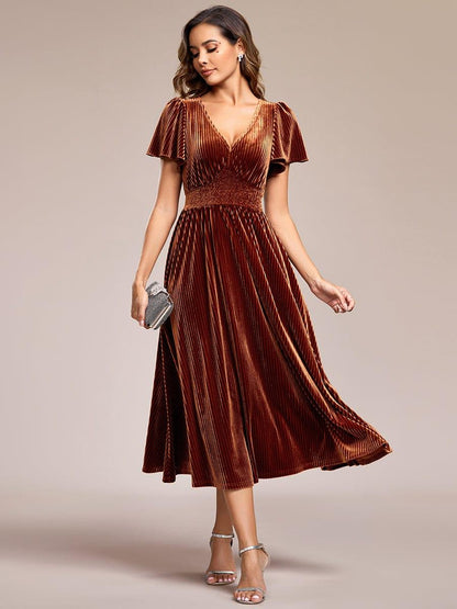 ever AZALEA|Graceful V-Neck Waist Design Short Sleeves Fall Velvet Midi Wedding Guest Dress