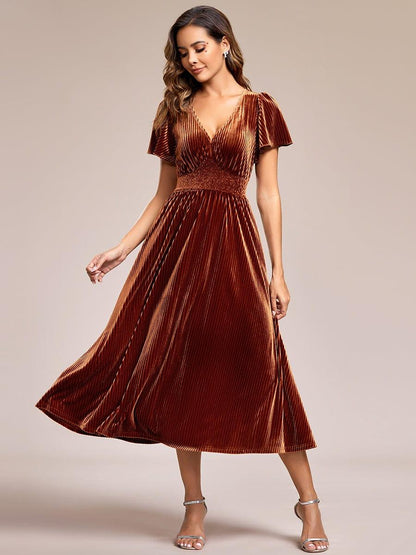 ever AZALEA|Graceful V-Neck Waist Design Short Sleeves Fall Velvet Midi Wedding Guest Dress
