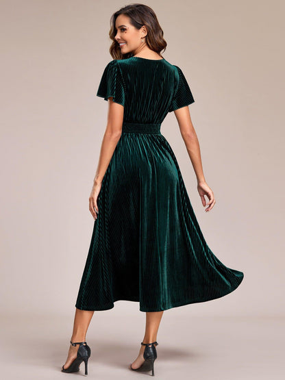 ever AZALEA|Graceful V-Neck Waist Design Short Sleeves Fall Velvet Midi Bridesmaid Dress