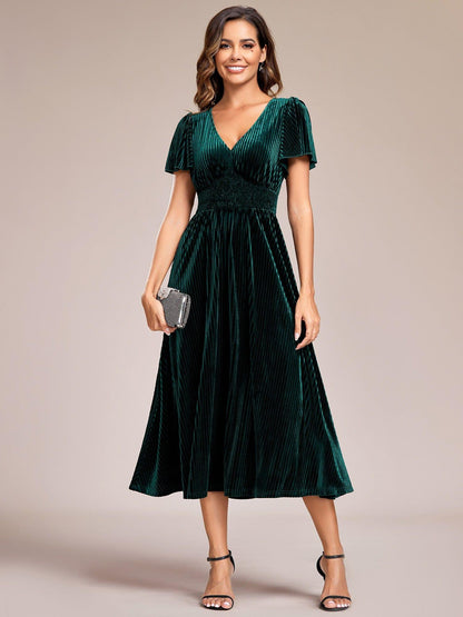 ever AZALEA|Graceful V-Neck Waist Design Short Sleeves Fall Velvet Midi Wedding Guest Dress