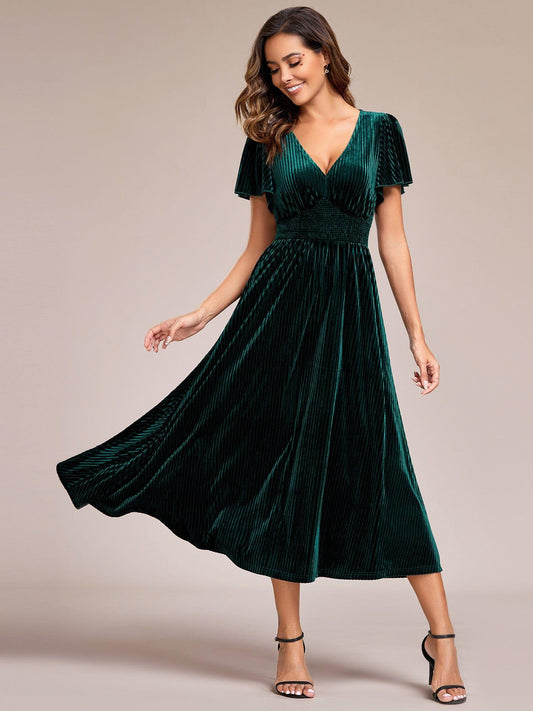 ever AZALEA|Graceful V-Neck Waist Design Short Sleeves Fall Velvet Midi Wedding Guest Dress