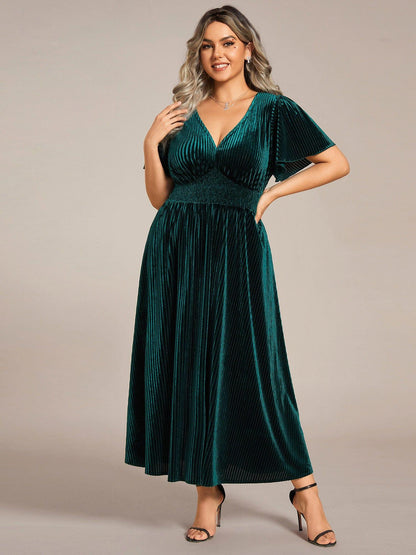 ever AZALEA|Graceful V-Neck Waist Design Short Sleeves Fall Velvet Midi Bridesmaid Dress
