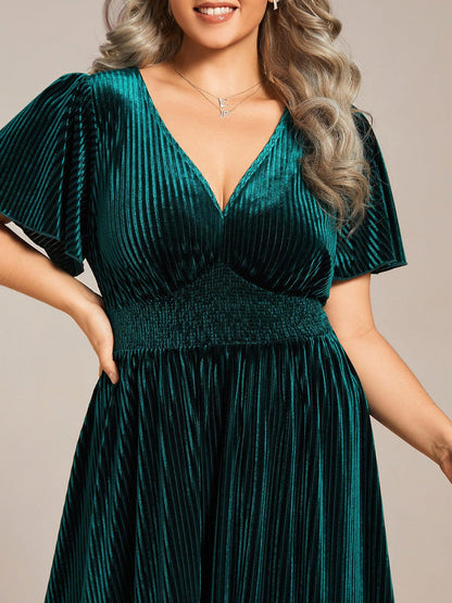 pretty AZALEA|Plus Size A-line V-Neck Short Sleeve Pleated Velvet Fall Wedding Guest Dress