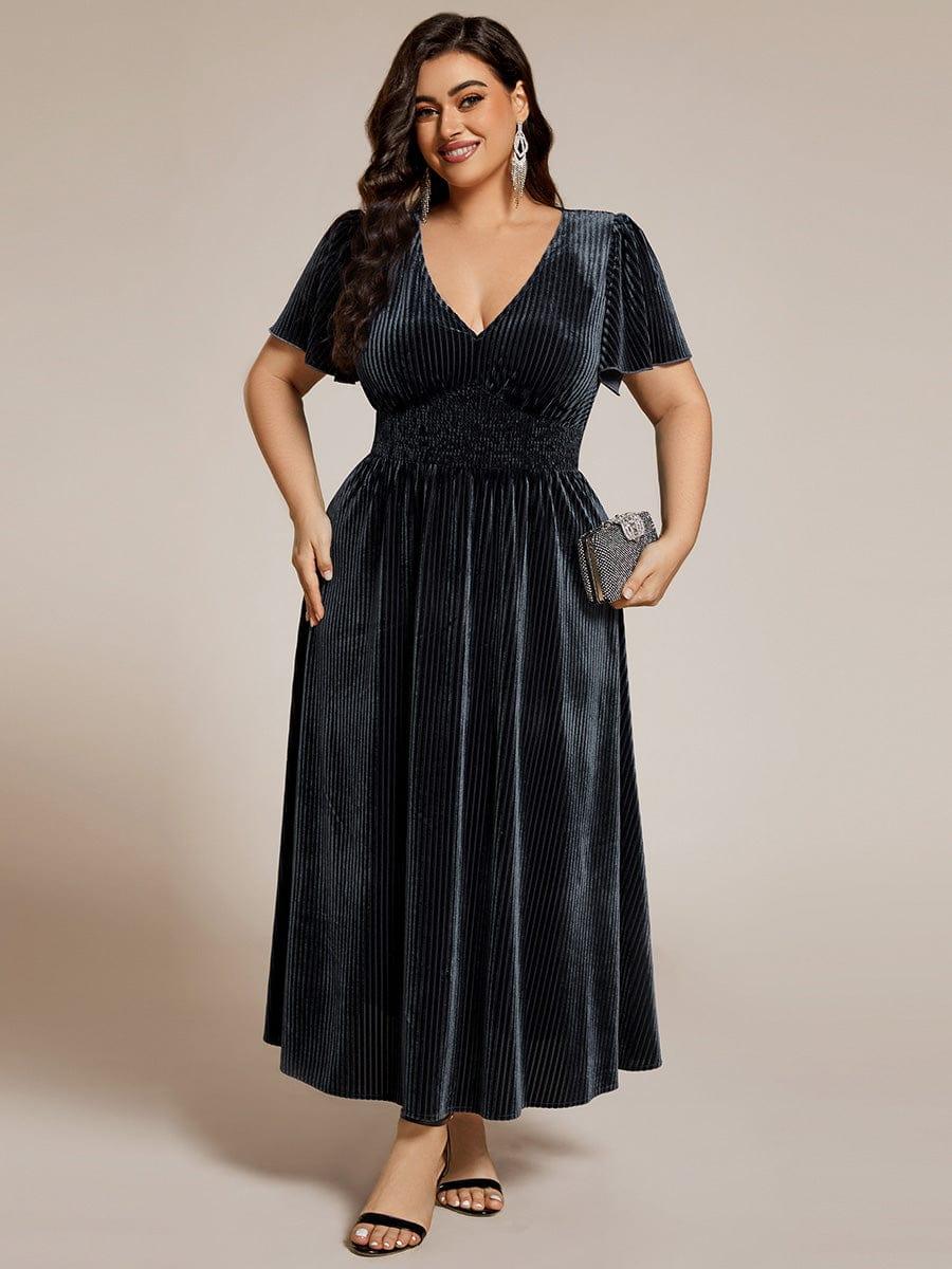 pretty AZALEA|Plus Size A-line V-Neck Short Sleeve Pleated Velvet Fall Wedding Guest Dress