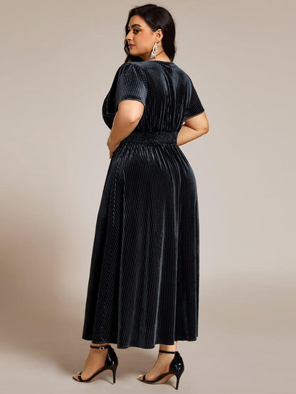 pretty AZALEA|Plus Size A-line V-Neck Short Sleeve Pleated Velvet Fall Wedding Guest Dress