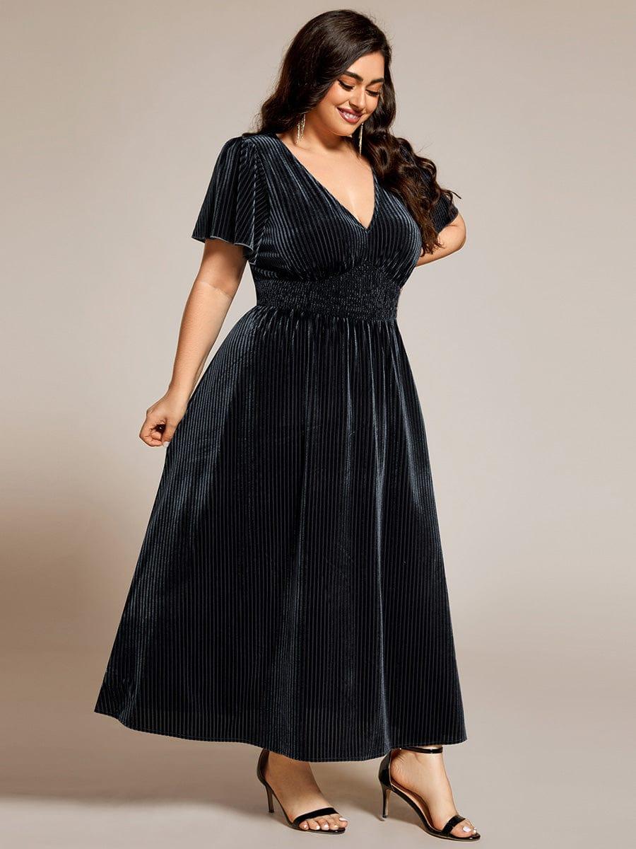 pretty AZALEA|Plus Size A-line V-Neck Short Sleeve Pleated Velvet Fall Wedding Guest Dress