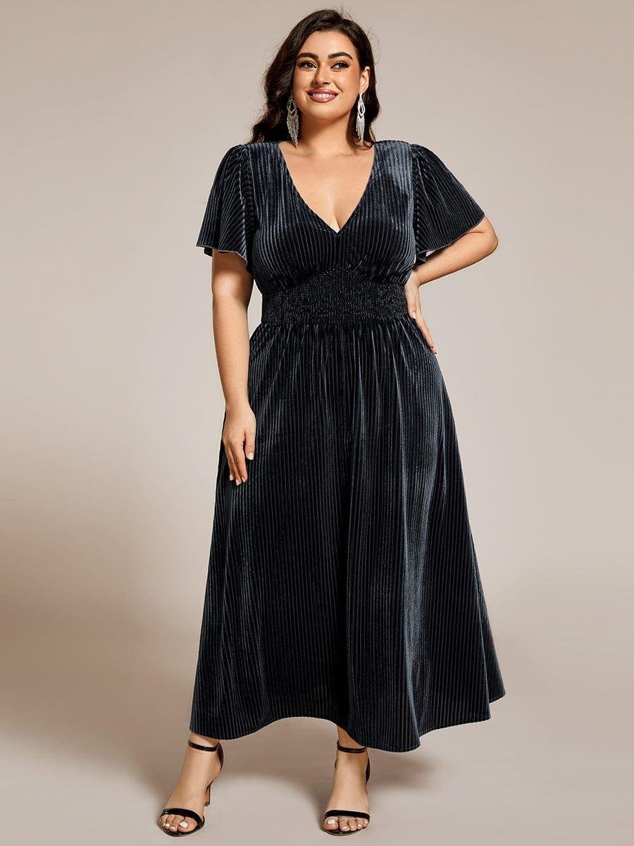 ever AZALEA|Graceful V-Neck Waist Design Short Sleeves Fall Velvet Midi Wedding Guest Dress