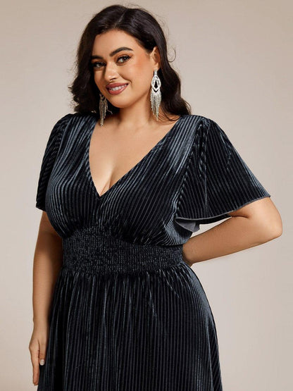 pretty AZALEA|Plus Size A-line V-Neck Short Sleeve Pleated Velvet Fall Wedding Guest Dress