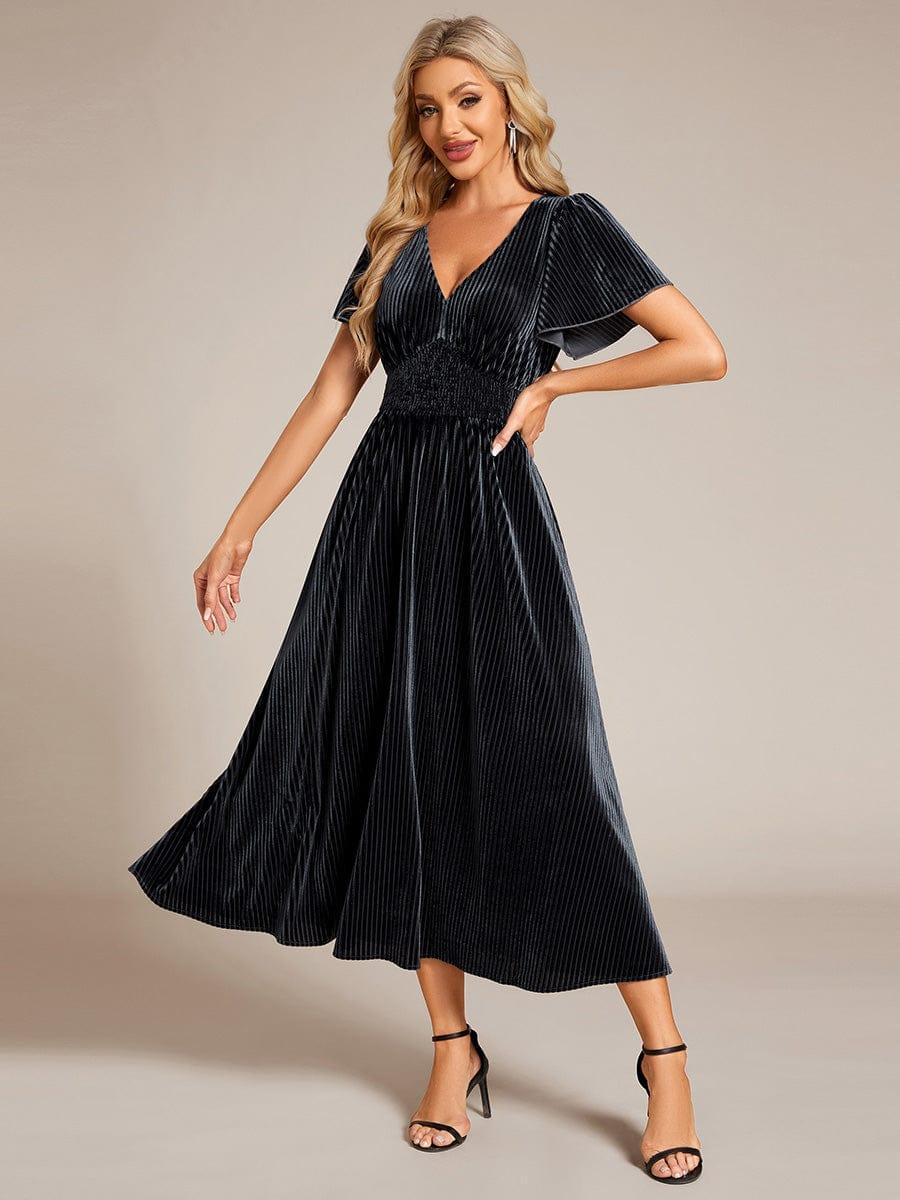 ever AZALEA|Graceful V-Neck Waist Design Short Sleeves Fall Velvet Midi Wedding Guest Dress