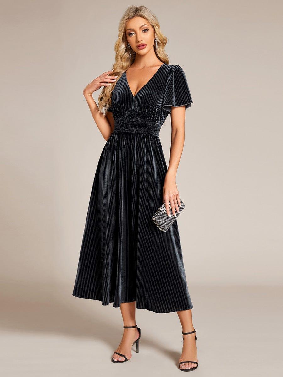 ever AZALEA|Graceful V-Neck Waist Design Short Sleeves Fall Velvet Midi Bridesmaid Dress