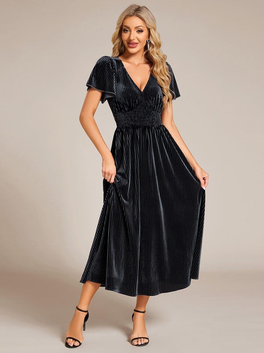 ever AZALEA|Graceful V-Neck Waist Design Short Sleeves Fall Velvet Midi Bridesmaid Dress
