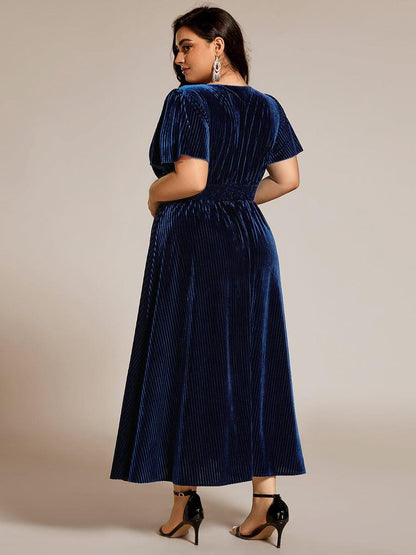 ever AZALEA|Graceful V-Neck Waist Design Short Sleeves Fall Velvet Midi Wedding Guest Dress