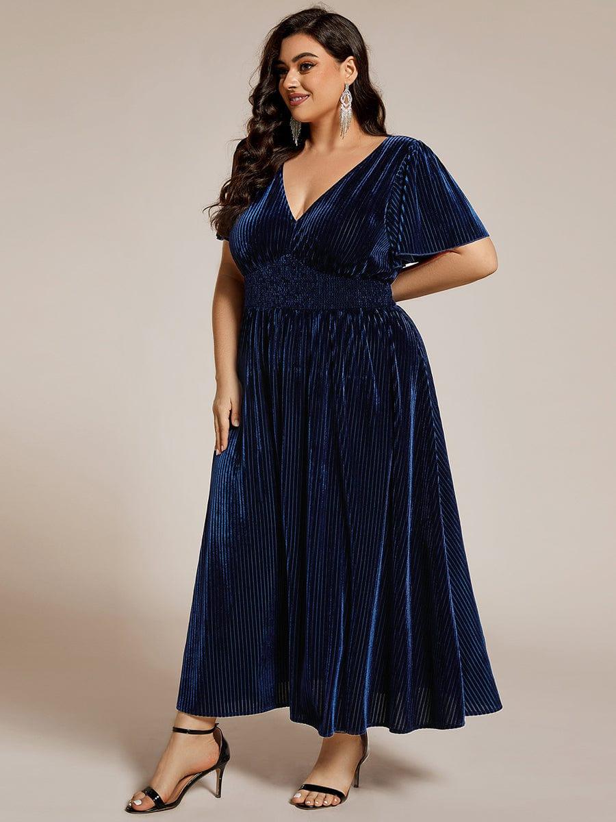 pretty AZALEA|Plus Size A-line V-Neck Short Sleeve Pleated Velvet Fall Wedding Guest Dress