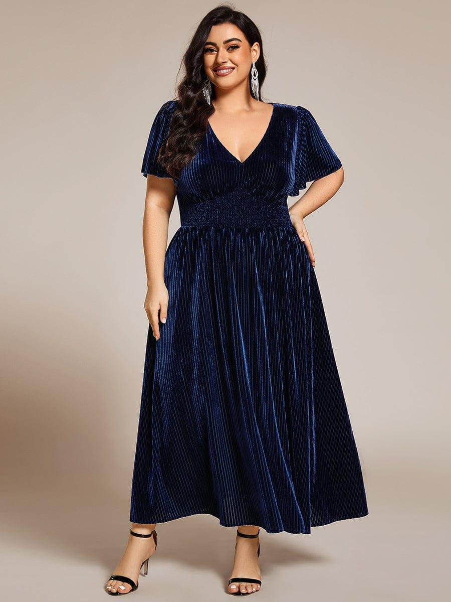 ever AZALEA|Graceful V-Neck Waist Design Short Sleeves Fall Velvet Midi Bridesmaid Dress