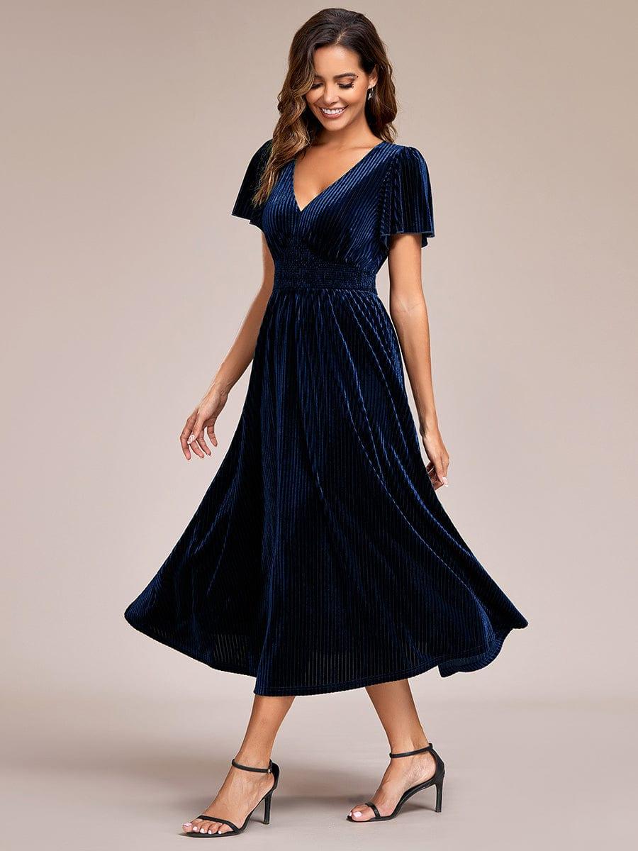 ever AZALEA|Graceful V-Neck Waist Design Short Sleeves Fall Velvet Midi Wedding Guest Dress