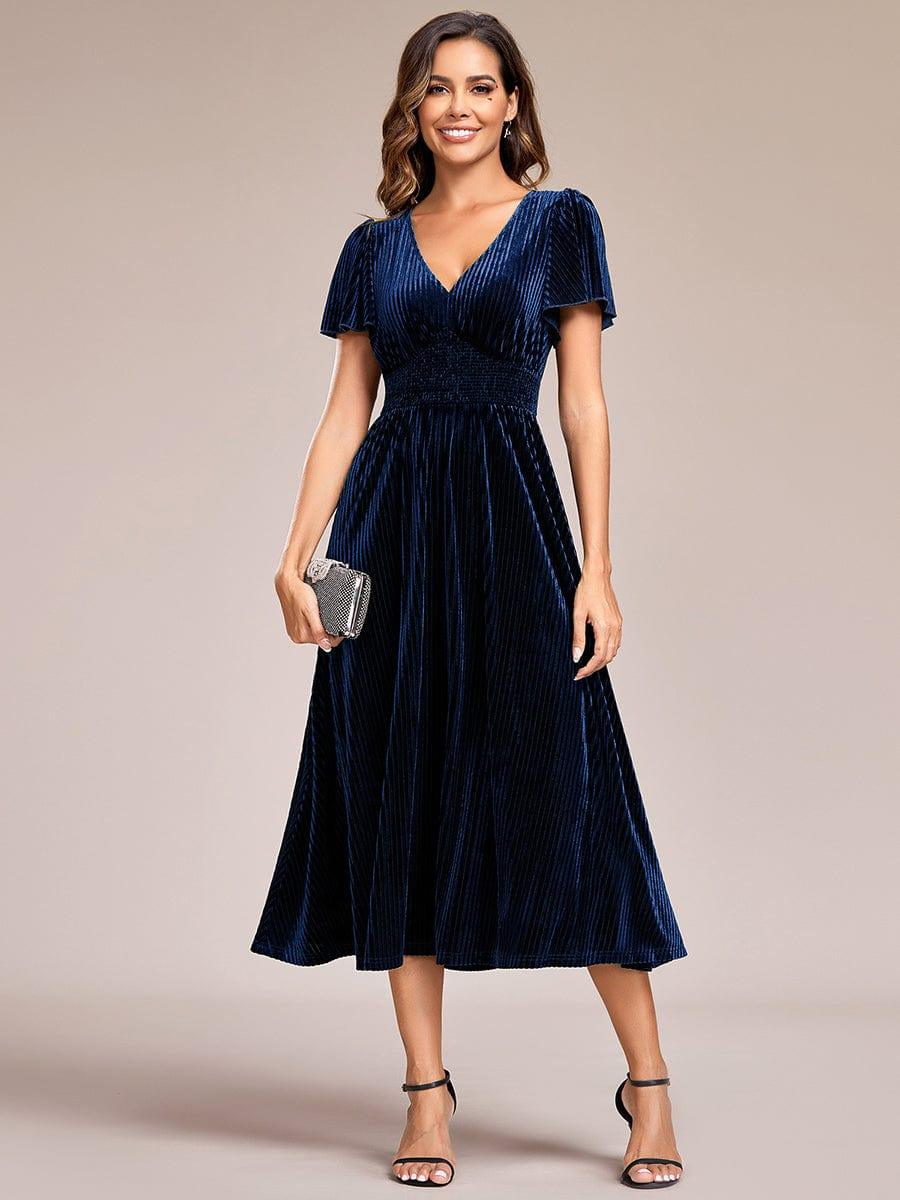 ever AZALEA|Graceful V-Neck Waist Design Short Sleeves Fall Velvet Midi Bridesmaid Dress