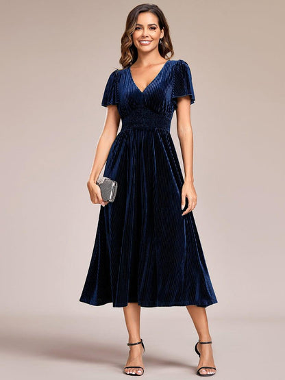 ever AZALEA|Graceful V-Neck Waist Design Short Sleeves Fall Velvet Midi Bridesmaid Dress