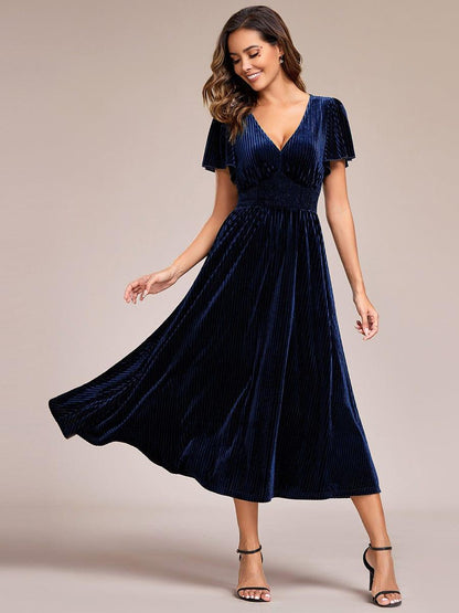 ever AZALEA|Graceful V-Neck Waist Design Short Sleeves Fall Velvet Midi Bridesmaid Dress