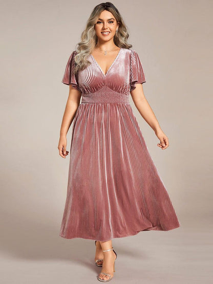 pretty AZALEA|Plus Size A-line V-Neck Short Sleeve Pleated Velvet Fall Wedding Guest Dress