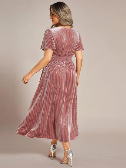 ever AZALEA|Graceful V-Neck Waist Design Short Sleeves Fall Velvet Midi Wedding Guest Dress
