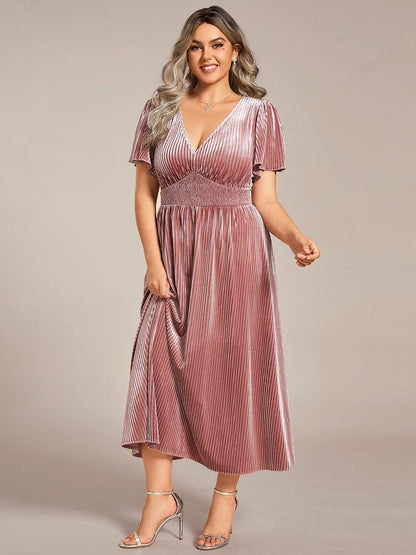 pretty AZALEA|Plus Size A-line V-Neck Short Sleeve Pleated Velvet Fall Wedding Guest Dress