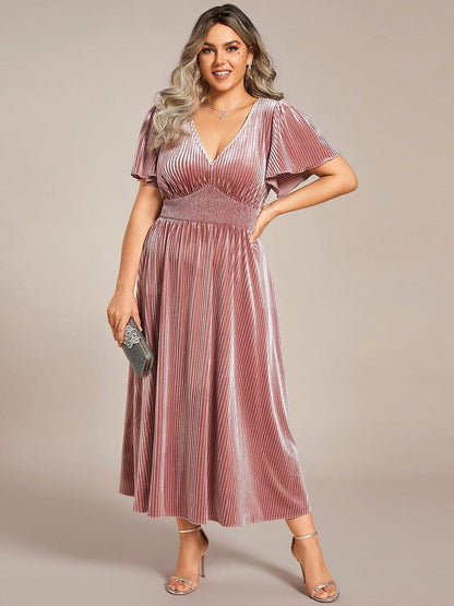 pretty AZALEA|Plus Size A-line V-Neck Short Sleeve Pleated Velvet Fall Wedding Guest Dress