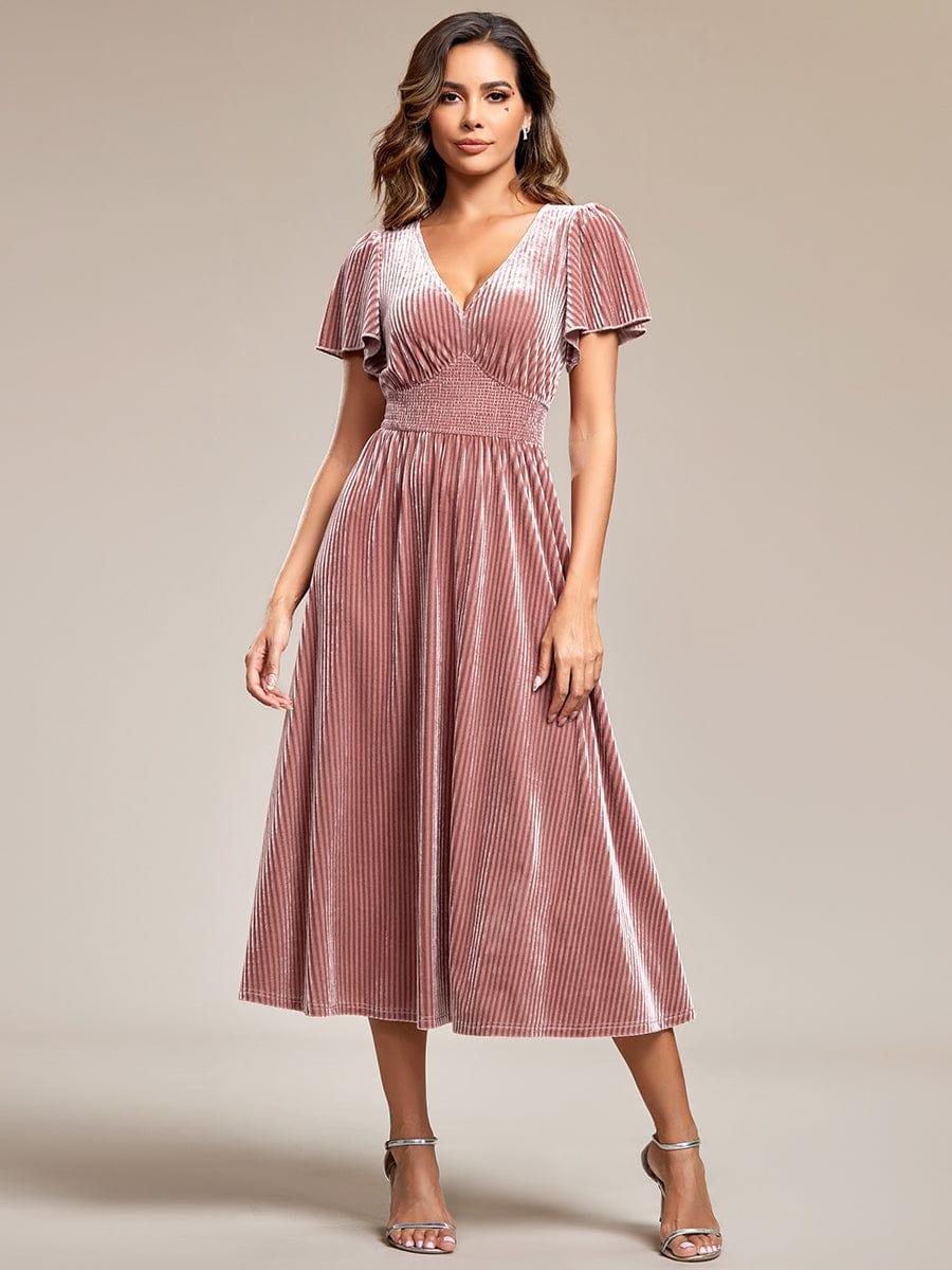 ever AZALEA|Graceful V-Neck Waist Design Short Sleeves Fall Velvet Midi Bridesmaid Dress