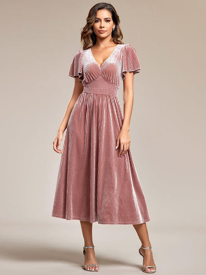 ever AZALEA|Graceful V-Neck Waist Design Short Sleeves Fall Velvet Midi Bridesmaid Dress