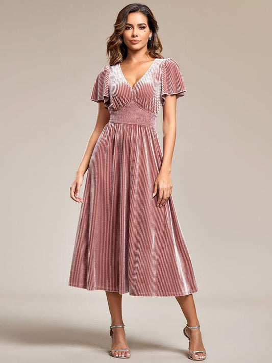 ever AZALEA|Graceful V-Neck Waist Design Short Sleeves Fall Velvet Midi Bridesmaid Dress