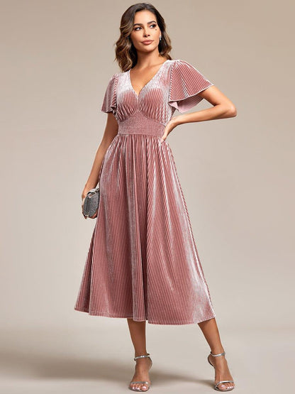 ever AZALEA|Graceful V-Neck Waist Design Short Sleeves Fall Velvet Midi Wedding Guest Dress