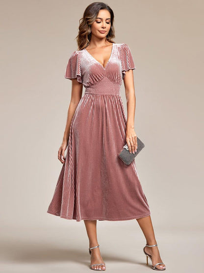 ever AZALEA|Graceful V-Neck Waist Design Short Sleeves Fall Velvet Midi Bridesmaid Dress