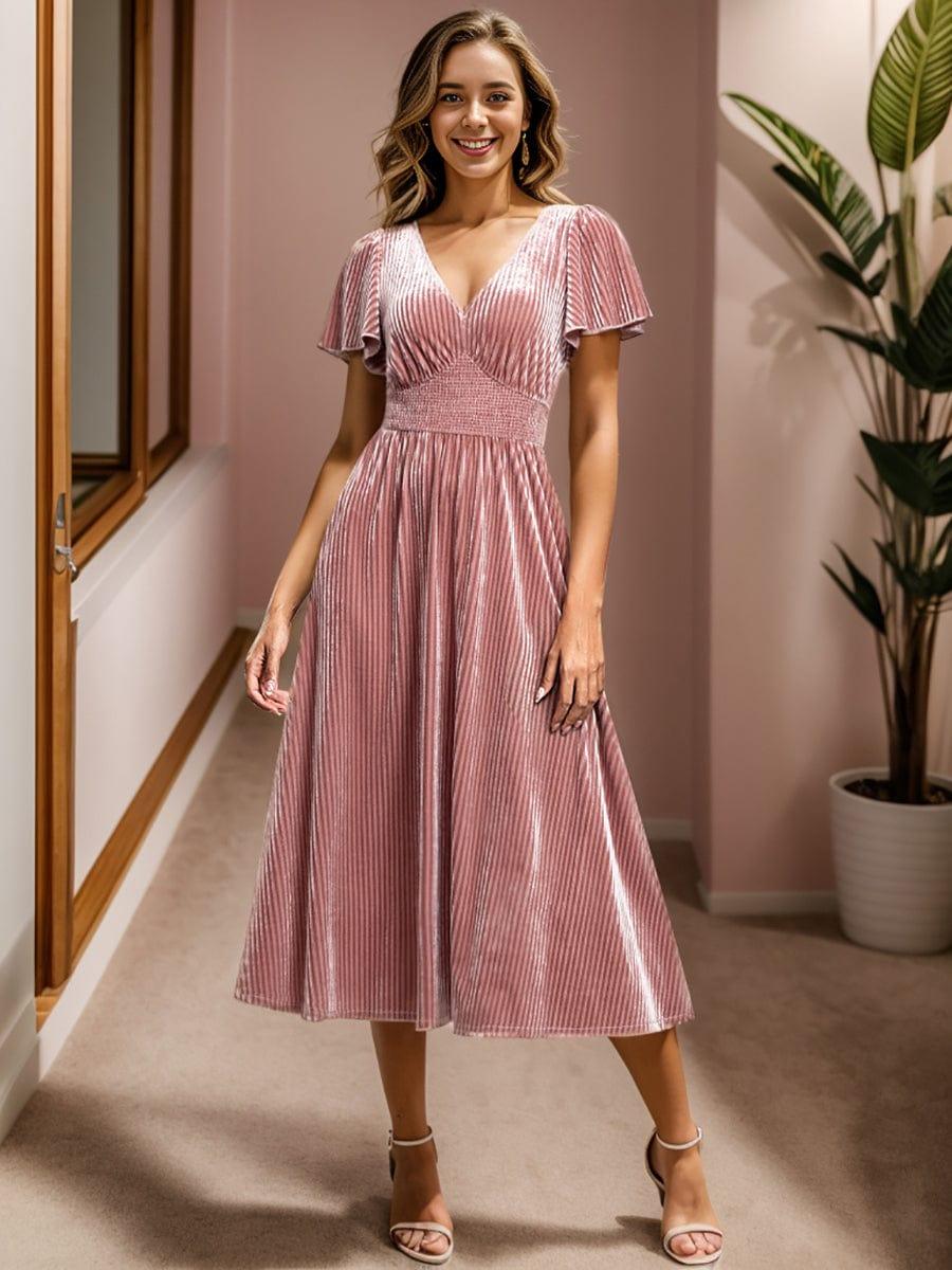 ever AZALEA|Graceful V-Neck Waist Design Short Sleeves Fall Velvet Midi Wedding Guest Dress