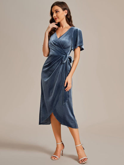 ever LENNA|One-Piece Type Short Sleeves V-Neck Velvet Midi Wedding Guest Dress