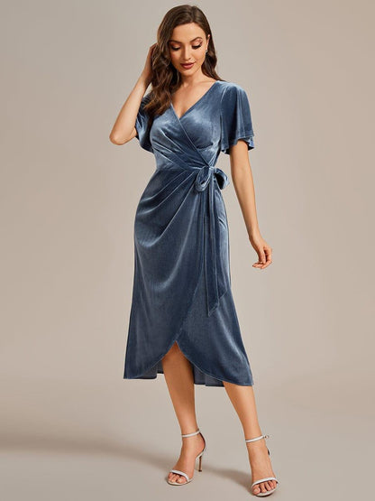 ever LENNA|One-Piece Type Short Sleeves V-Neck Velvet Midi Wedding Guest Dress